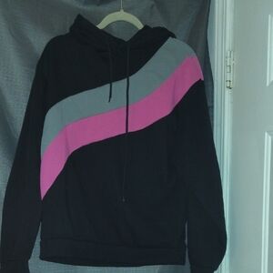 Women's Black Crewneck Sweater with Pink and Gray Wave Stripes